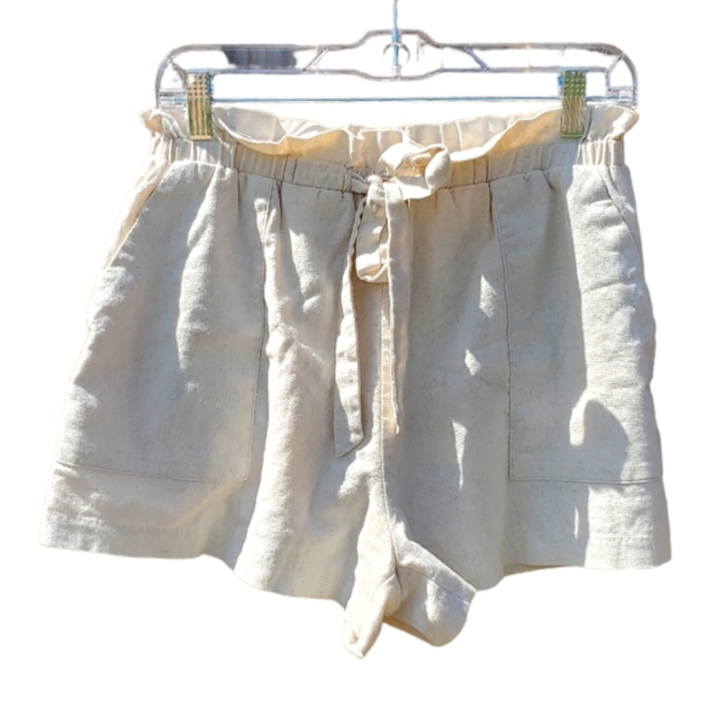 Stelen Cream Shorts‎ Ruffle Tie Waist Pockets Cotton Linen Medium NWOT